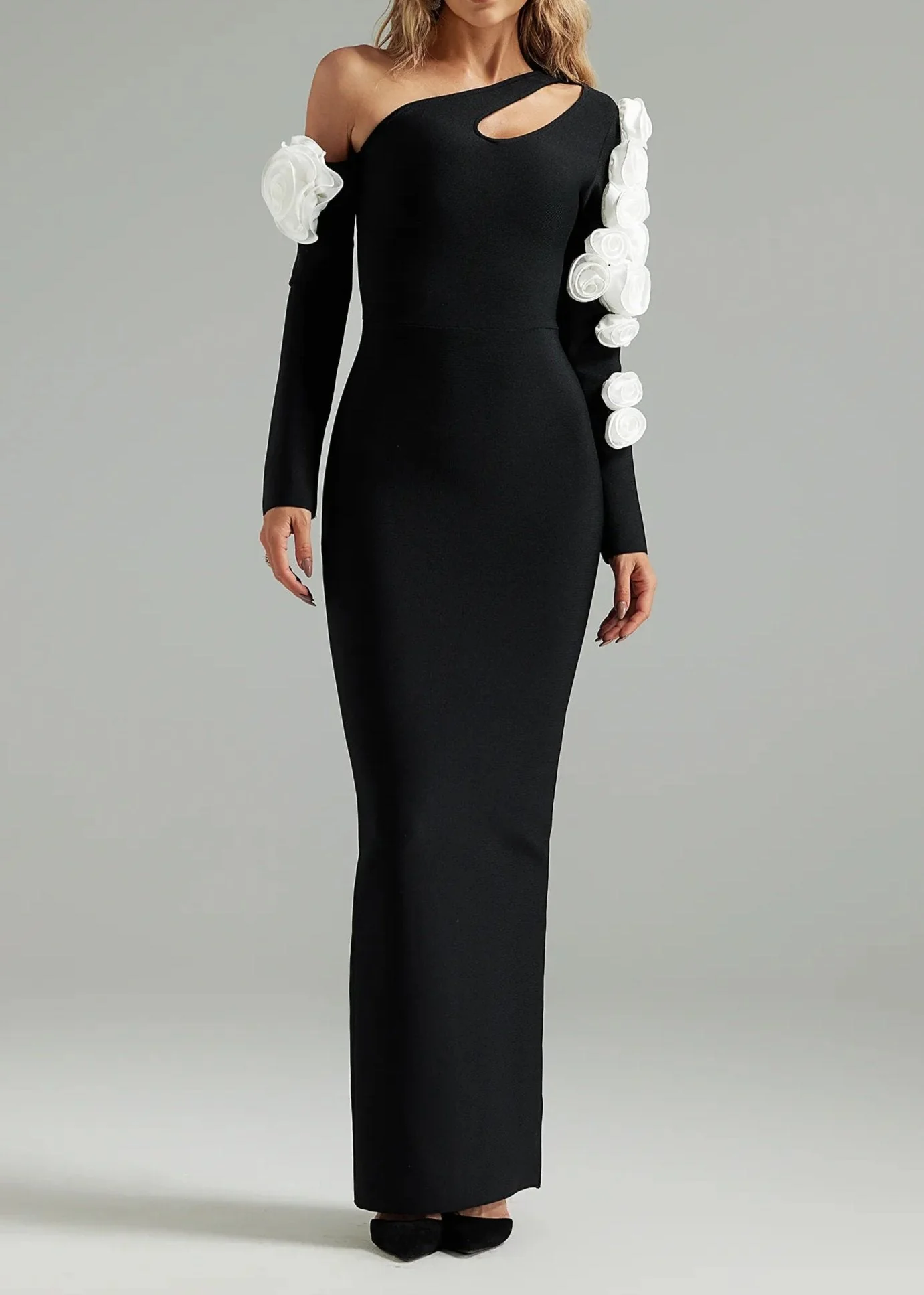 Black Flower Cutout Bandage Maxi Dress with One Shoulder