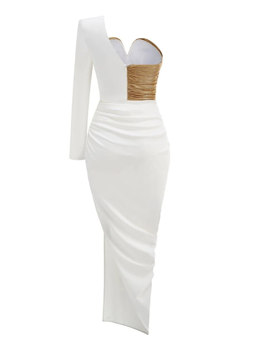 Rose Details Maxi Dress in Gold and White - Flattering Cut