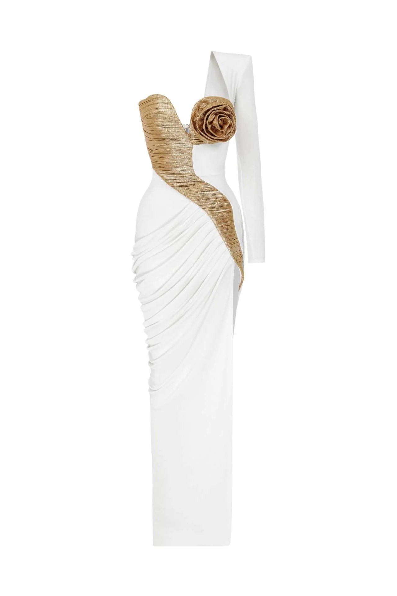 Rose Details Maxi Dress in Gold and White - Flattering Cut