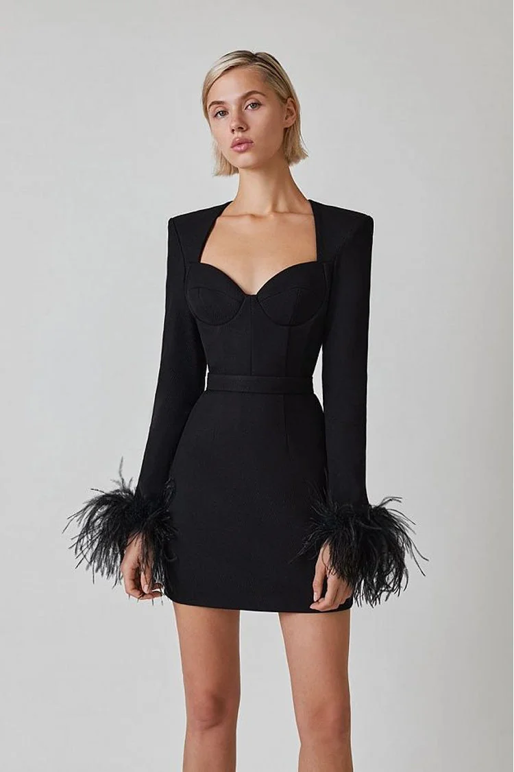 Black Feather Bodycon Mini Dress - Elegant Sheath Style