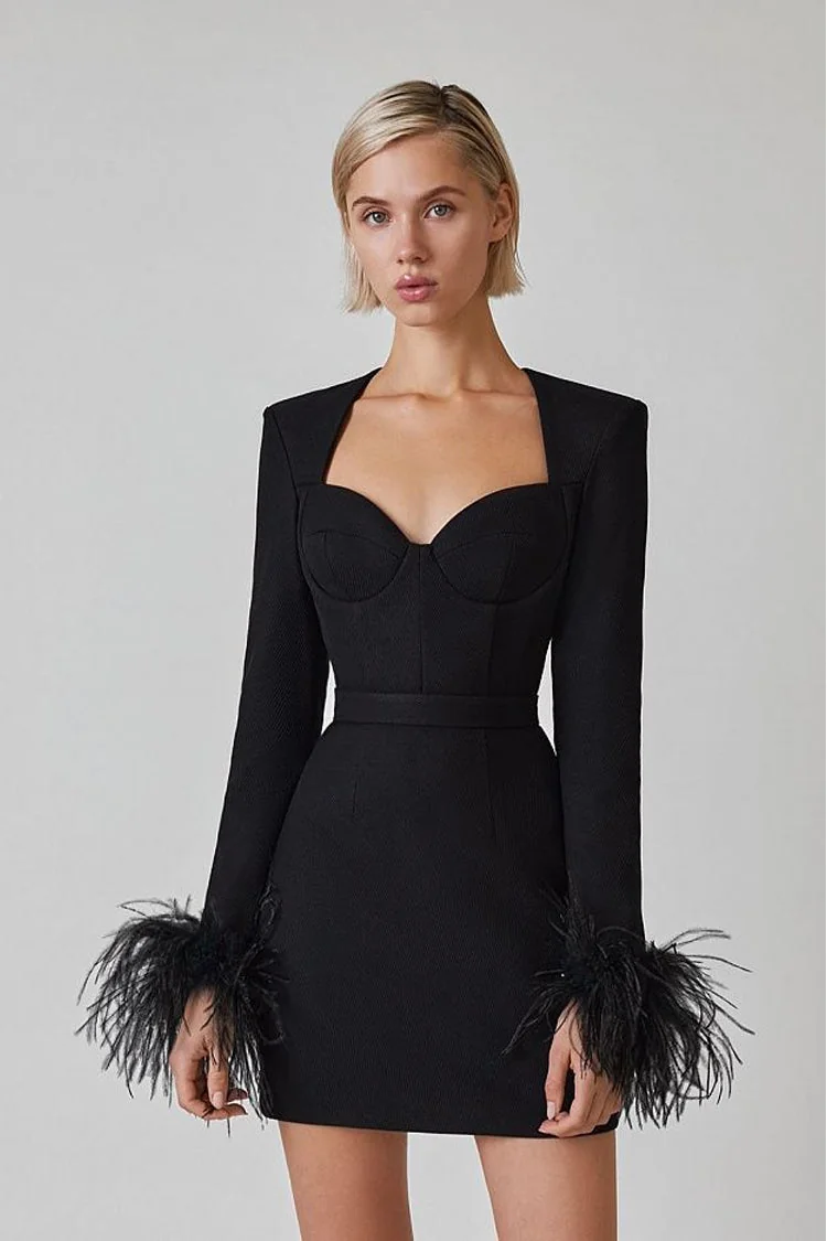 Black Feather Bodycon Mini Dress - Elegant Sheath Style