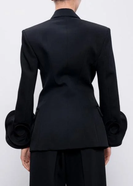 Black Wool Jacket with Floral Appliqué - Unique & Stylish