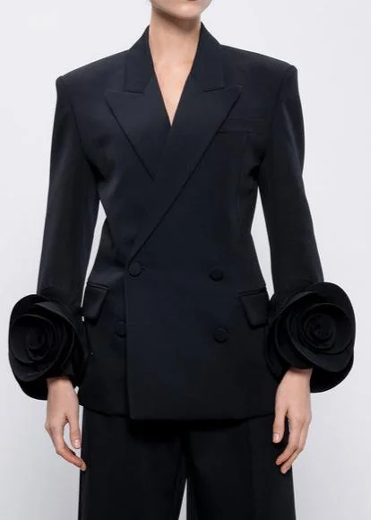 Black Wool Jacket with Floral Appliqué - Unique & Stylish