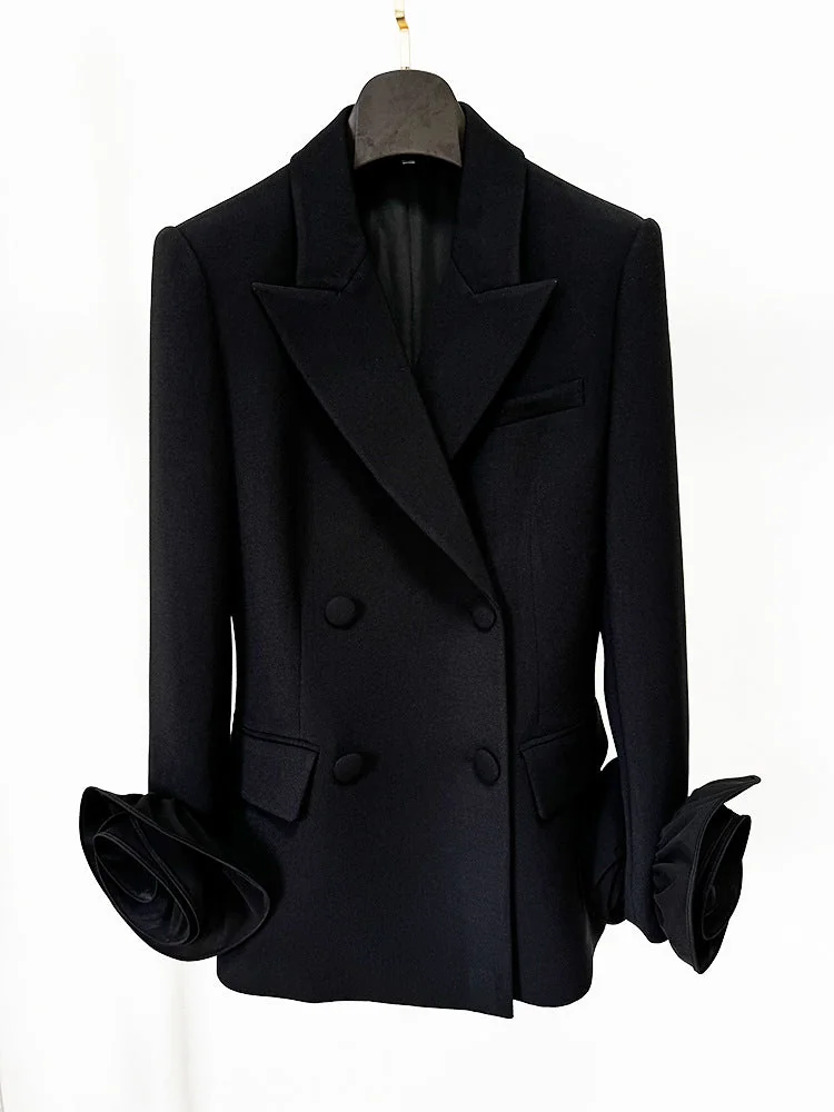 Black Wool Jacket with Floral Appliqué - Unique & Stylish