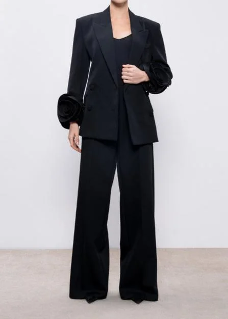 Black Wool Jacket with Floral Appliqué - Unique & Stylish