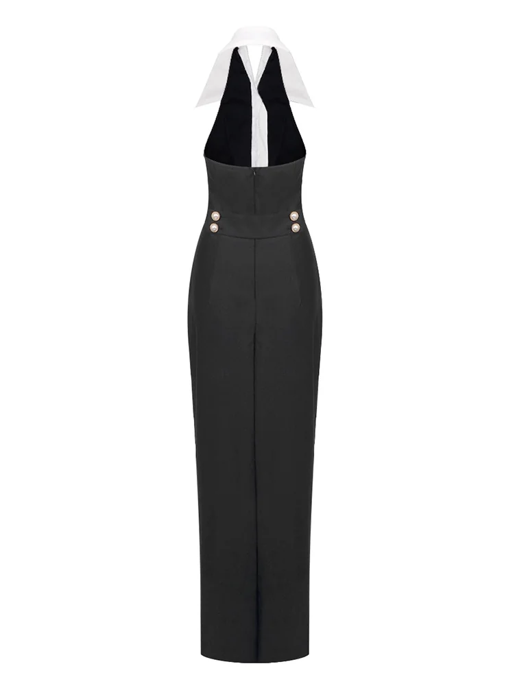 Elegant Halter Button Sleeveless Black Maxi Dress
