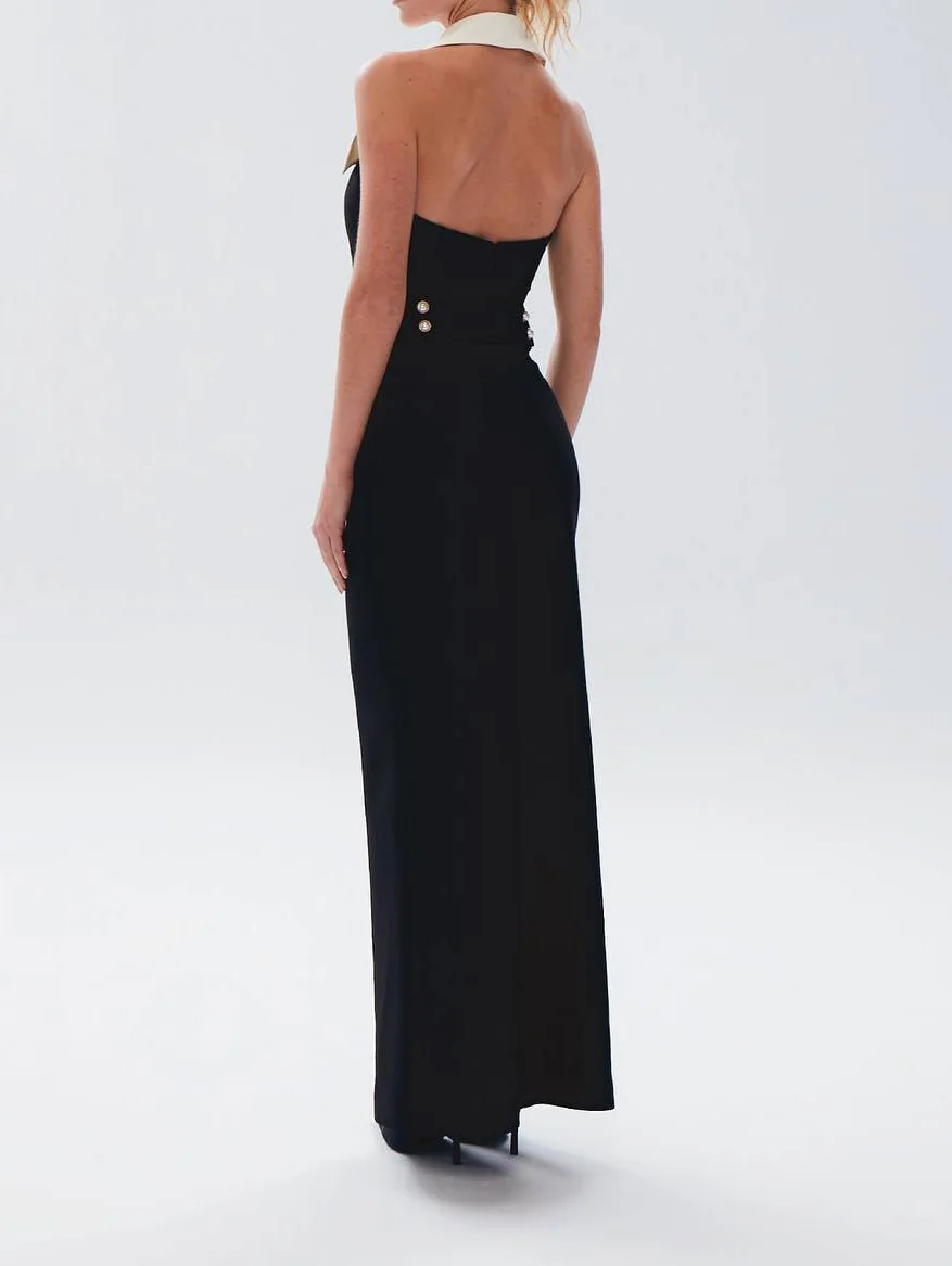 Elegant Halter Button Sleeveless Black Maxi Dress
