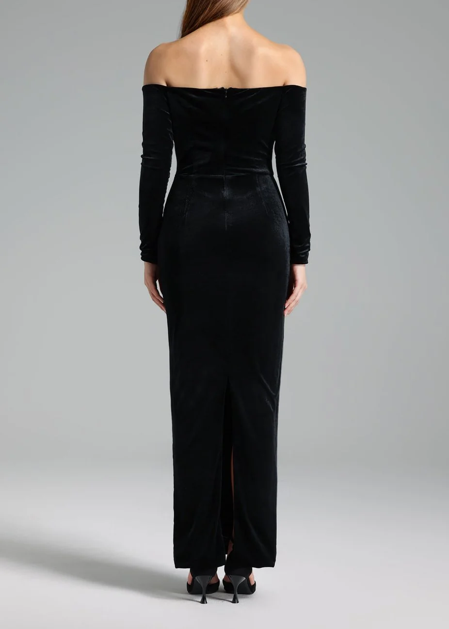 Black Velvet Floral Off Shoulder Maxi Dress