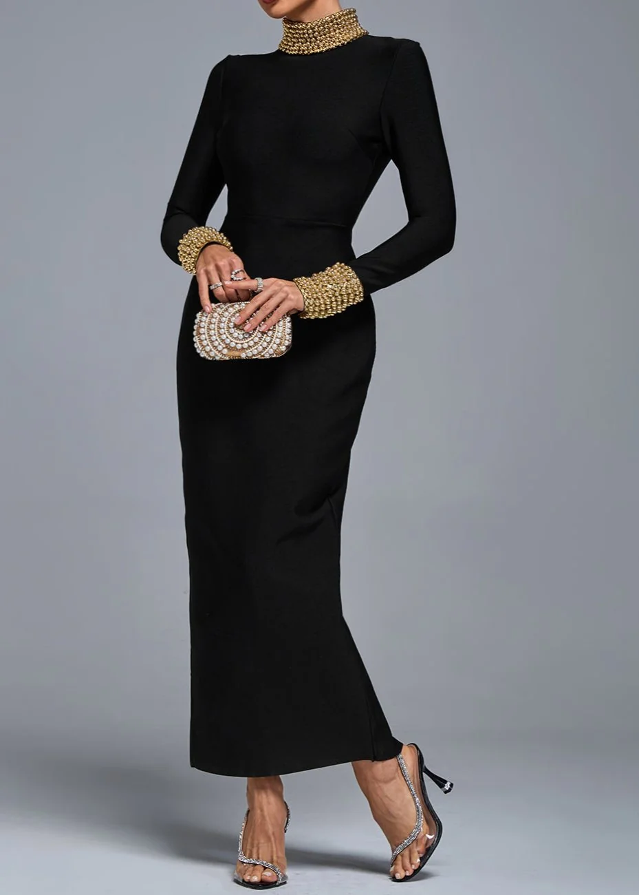 Black Long Sleeve Gold Bead Bandage Midi Dress