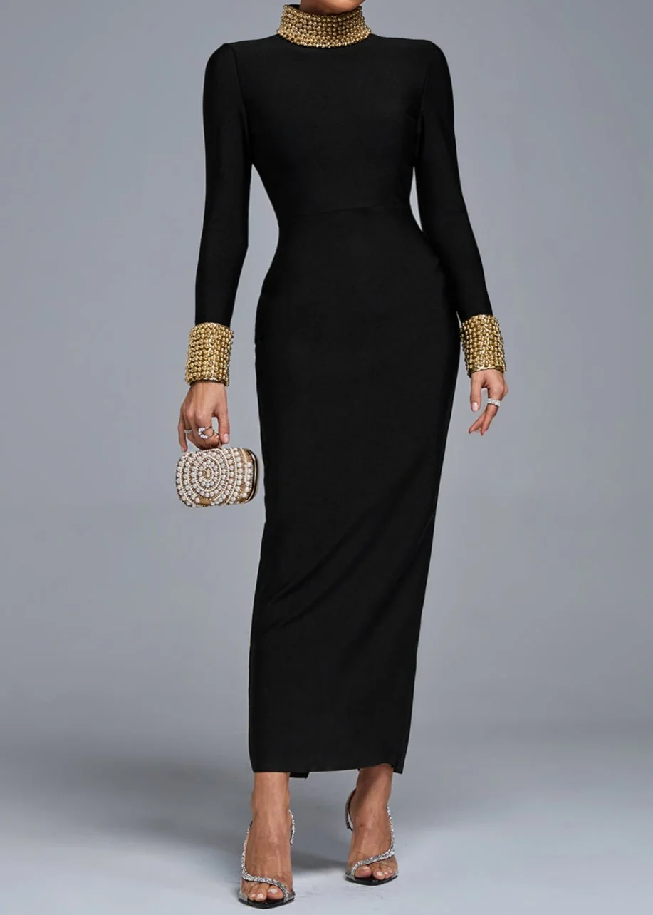 Black Long Sleeve Gold Bead Bandage Midi Dress