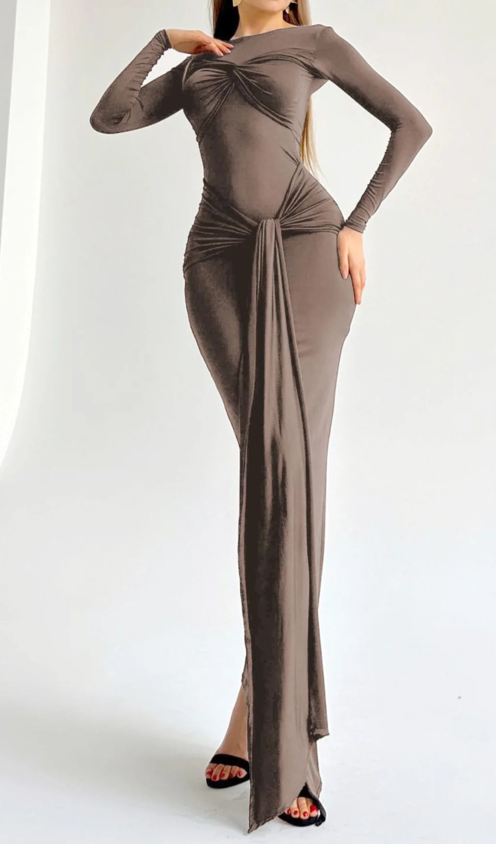 Coffee Ribbon Knot Maxi Dress | Elegant & Comfortable Style