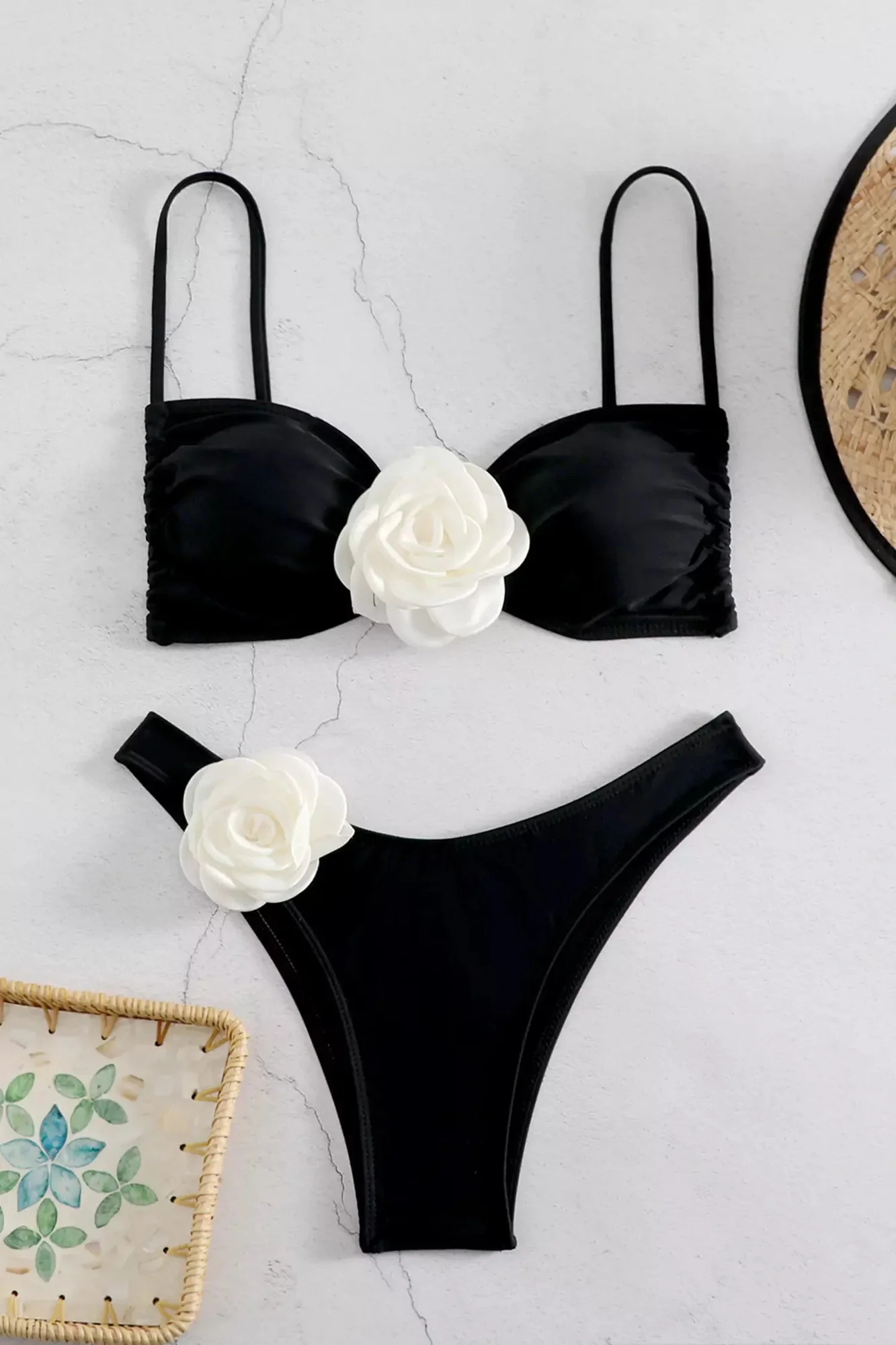 Strapless Black Rose Bikini Set for Women