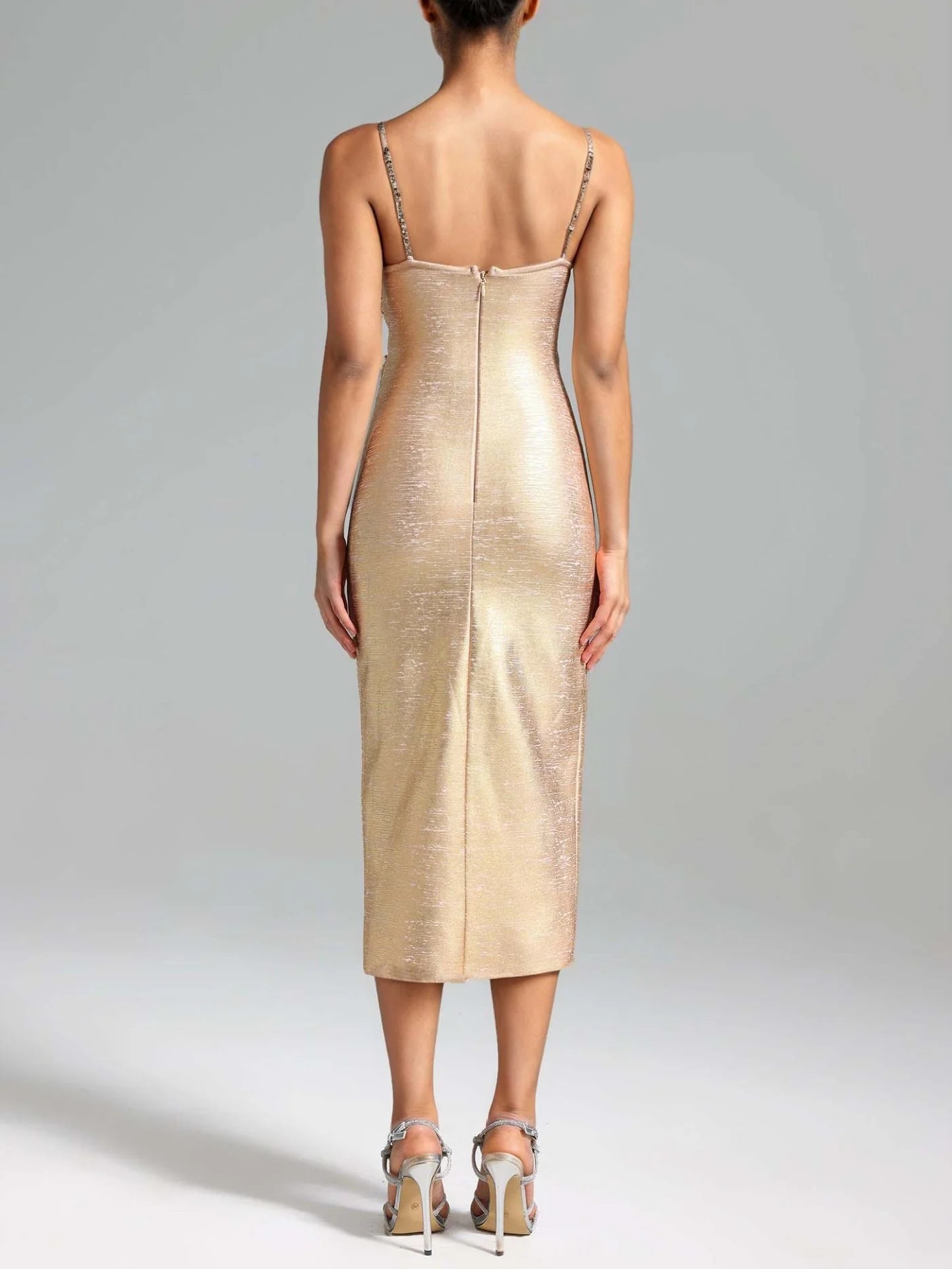 Champagne Pearls Cutout Slit Midi Dress - Elegant Sophistication