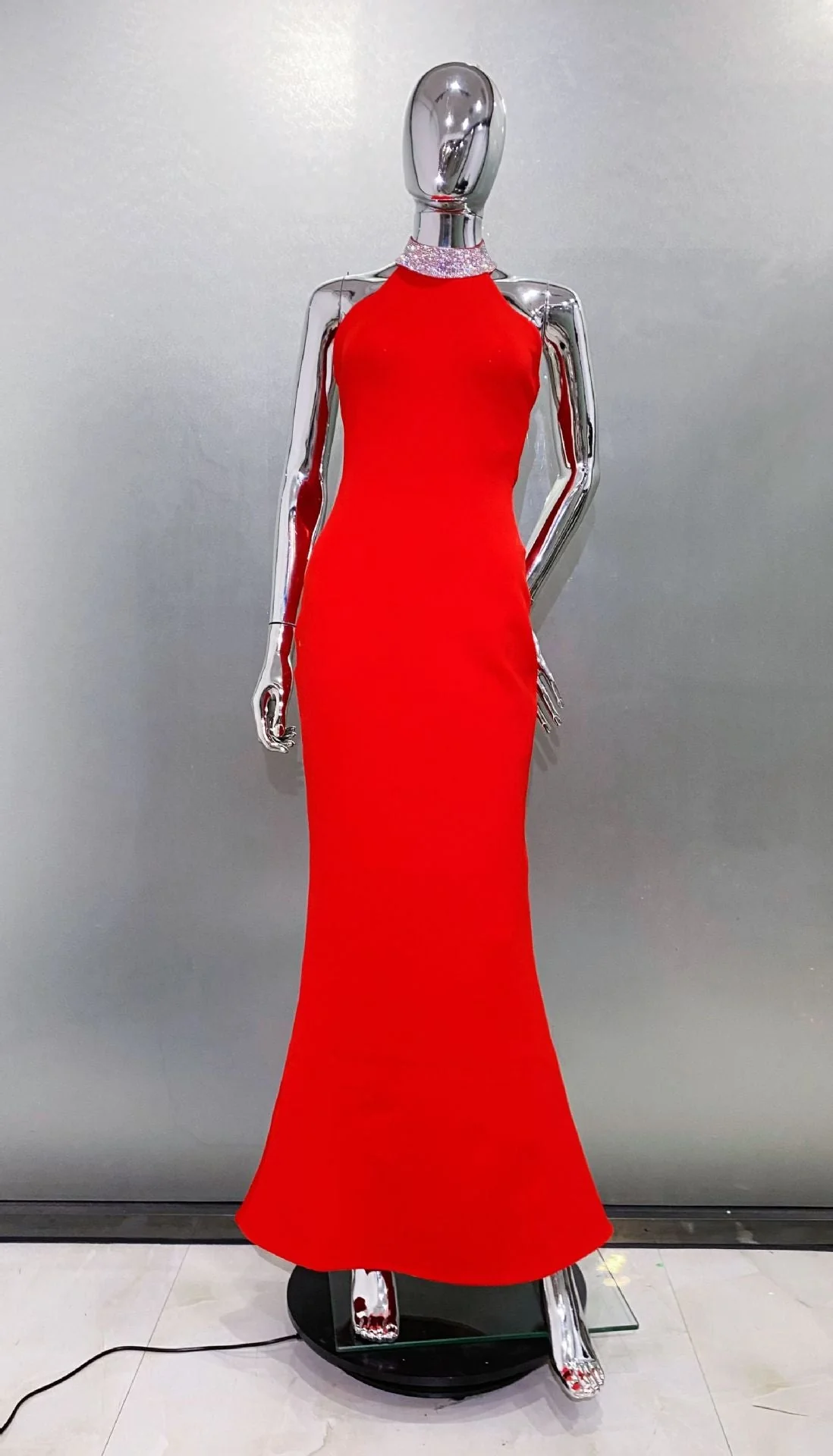 Red Crystal Halter Sleeveless Maxi Dress