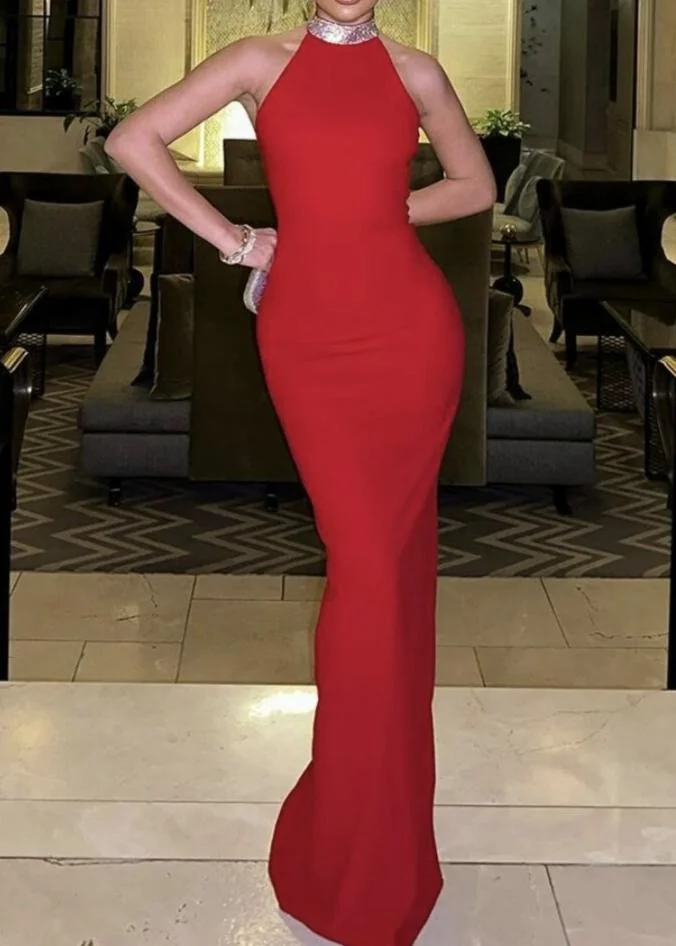 Red Crystal Halter Sleeveless Maxi Dress