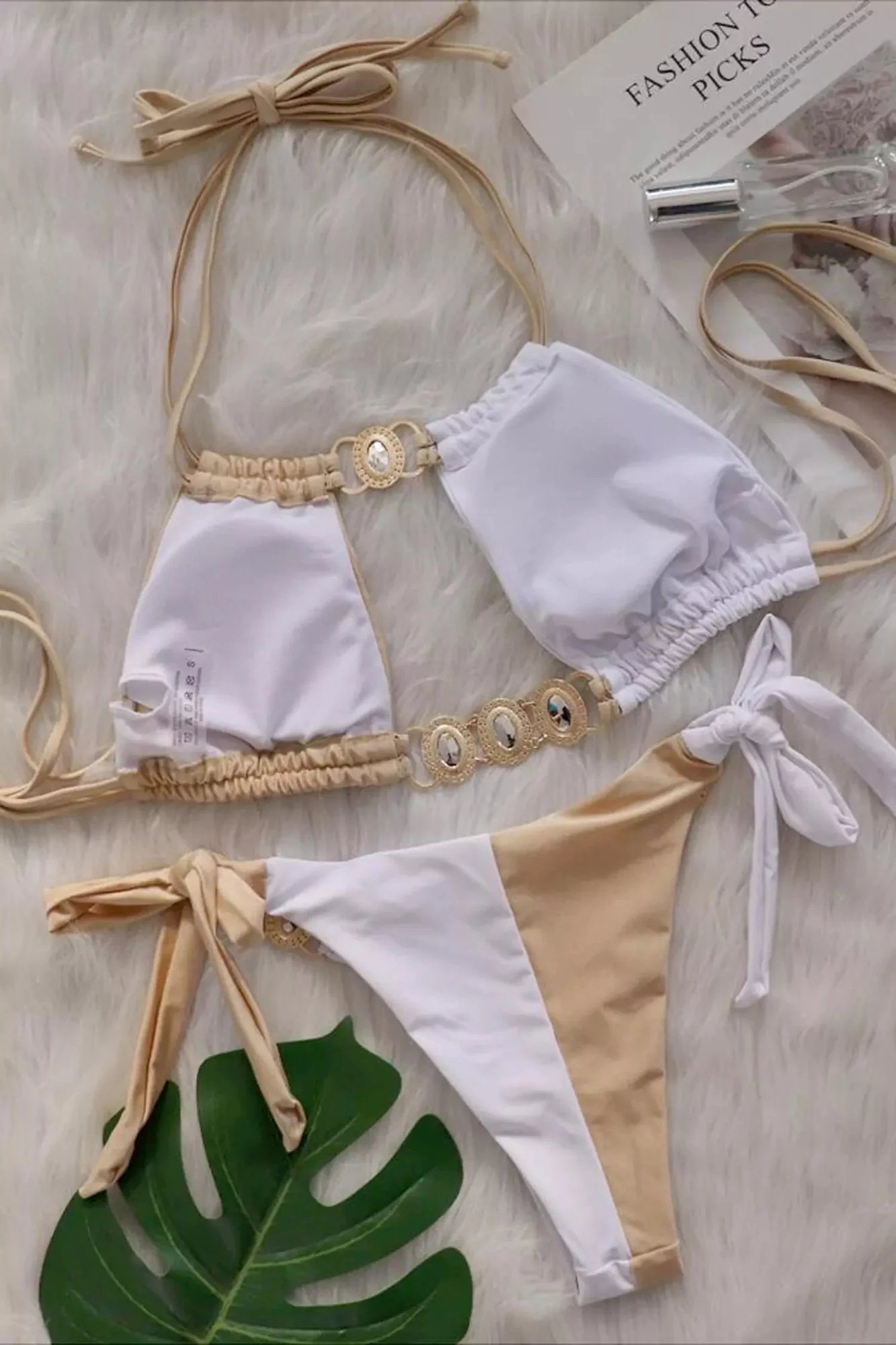 White Brown Halter Bikini - Crystal Diamond Patchwork Design