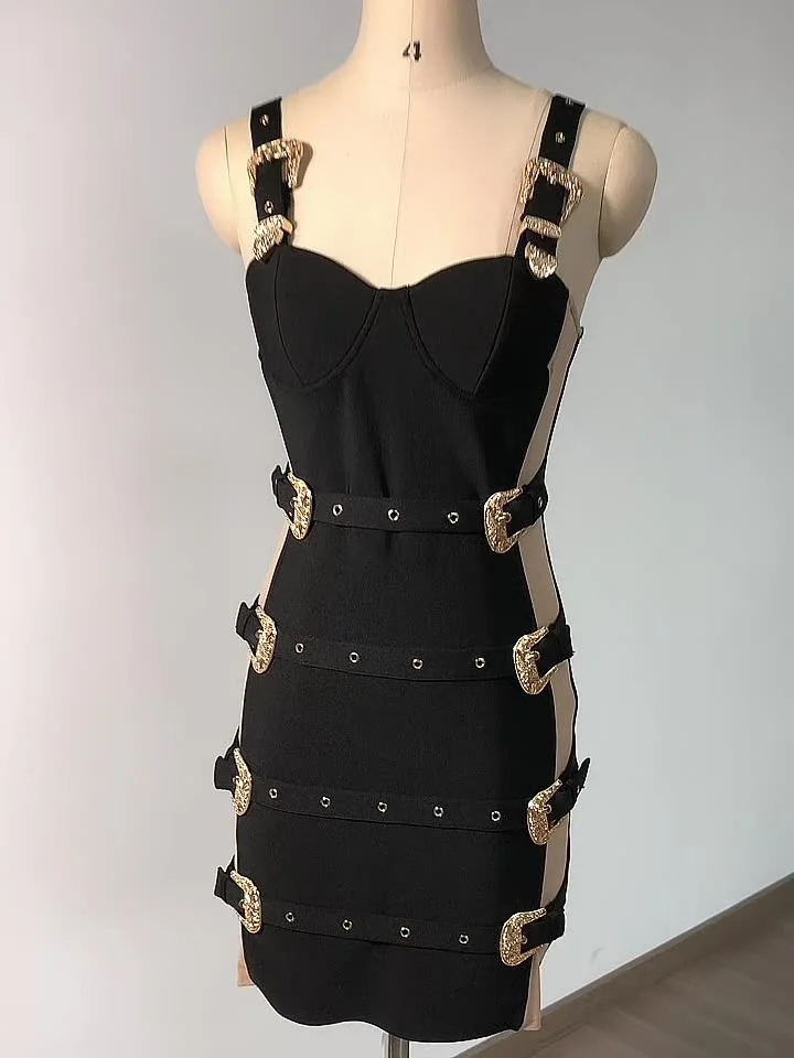 Black Belted Bodycon Mini Dress with Embellishments