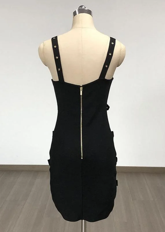 Black Belted Bodycon Mini Dress with Embellishments