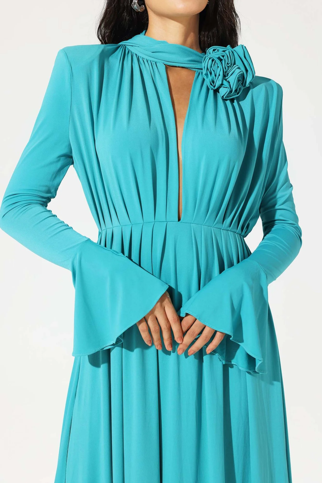 Blue Floral Lantern Sleeve High Collar Midi Dress