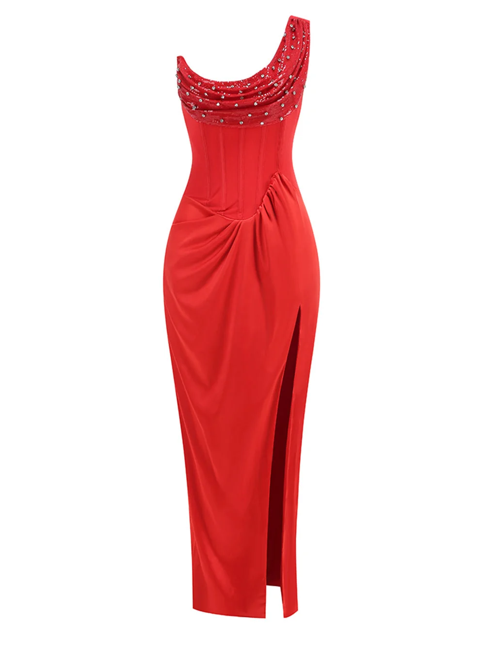 Red One-Shoulder Crystal Detail Maxi Dress with High Slit