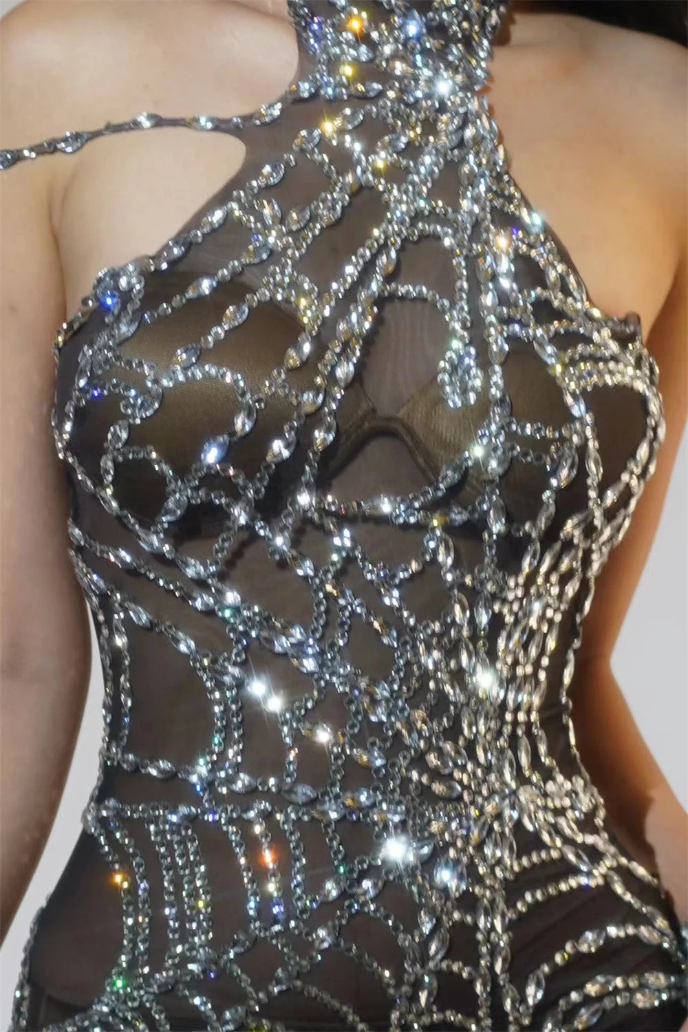 Black Mesh Rhinestone Jumpsuit with Unique Cutout Design