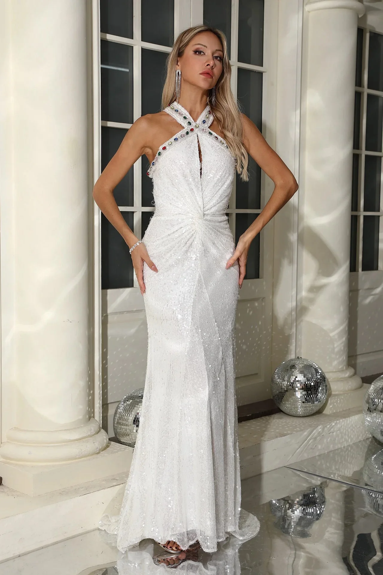 White Crystal Sequin Maxi Dress - Elegant Statement Piece