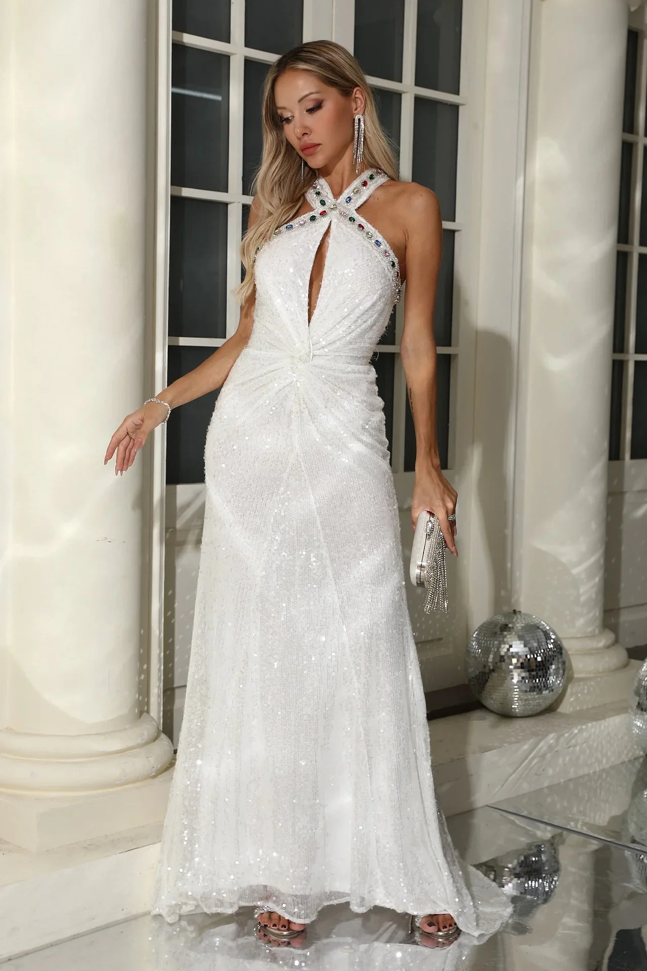 White Crystal Sequin Maxi Dress - Elegant Statement Piece
