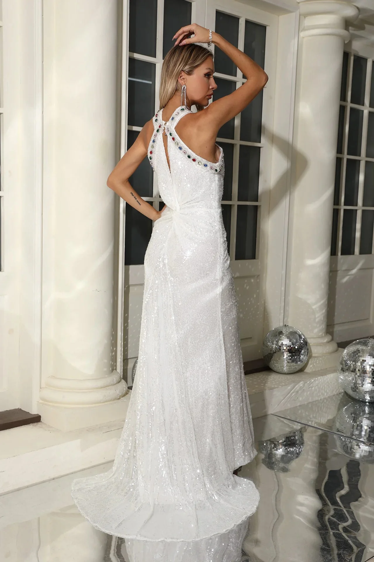 White Crystal Sequin Maxi Dress - Elegant Statement Piece