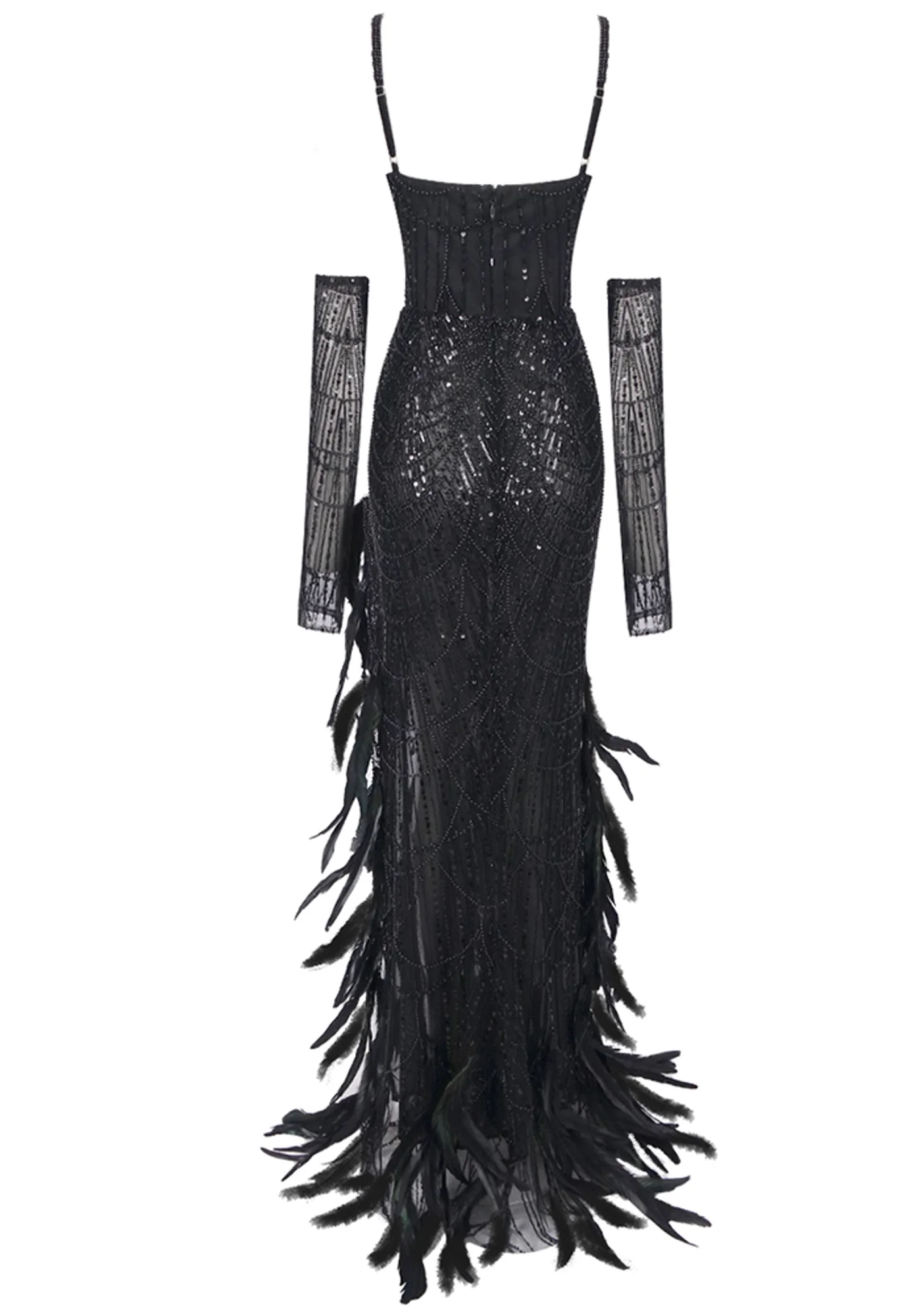 Black Sequin Feather Maxi Dress with Adjustable Straps