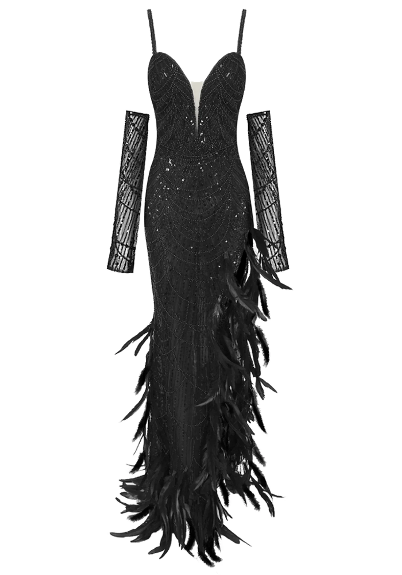Black Sequin Feather Maxi Dress with Adjustable Straps