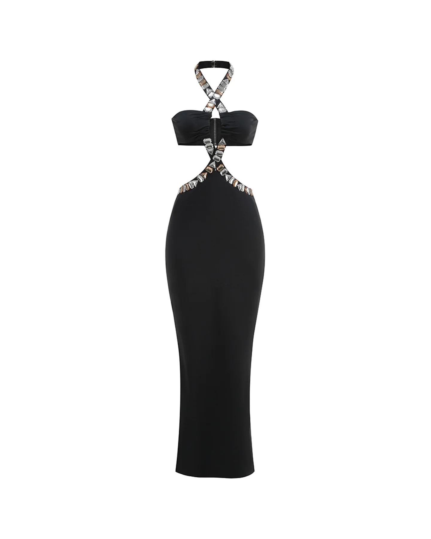 Black Crystal Embellishment Halter Neck Maxi Dress
