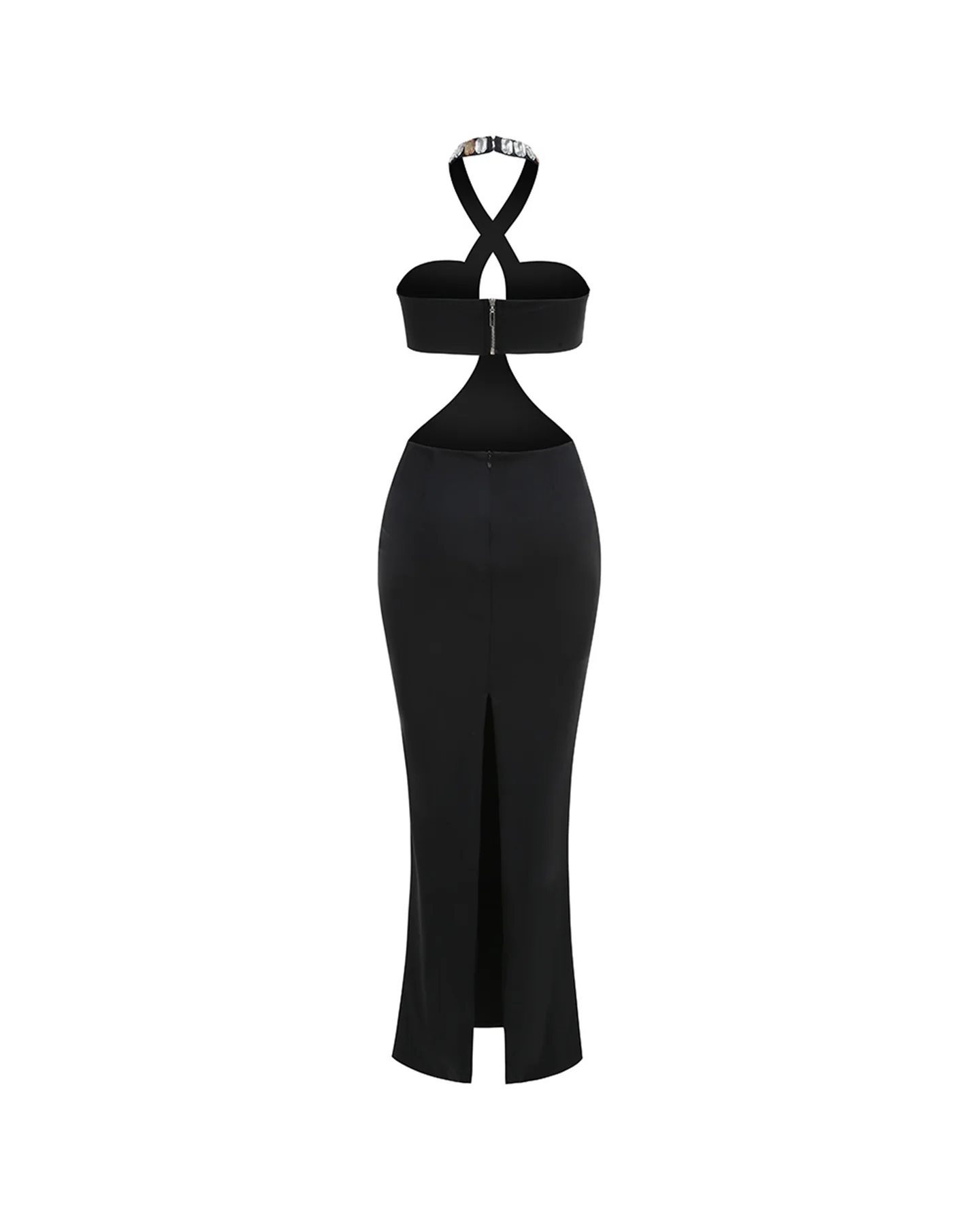 Black Crystal Embellishment Halter Neck Maxi Dress