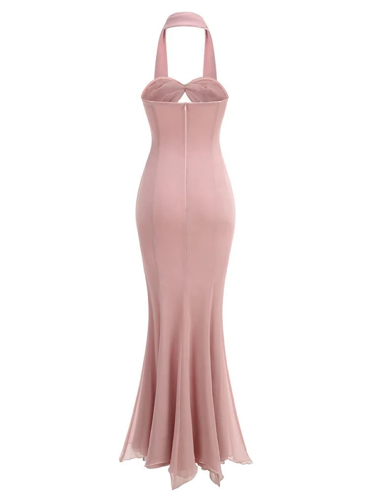 Pink Bandage Strapless Tulle Maxi Dress for Formal Events