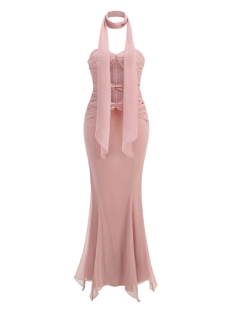 Pink Bandage Strapless Tulle Maxi Dress for Formal Events