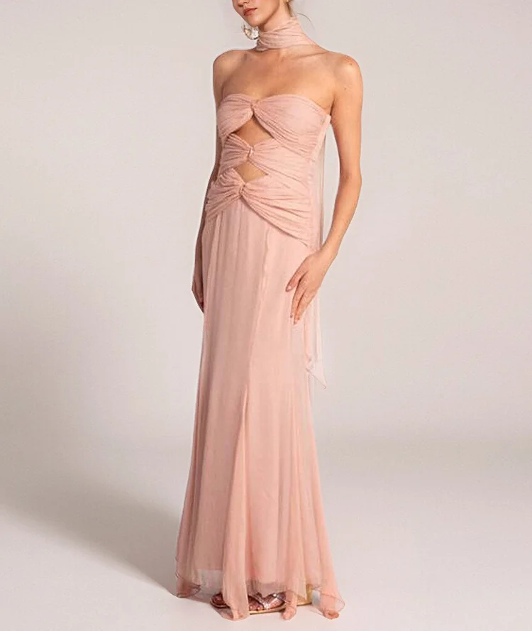 Pink Bandage Strapless Tulle Maxi Dress for Formal Events