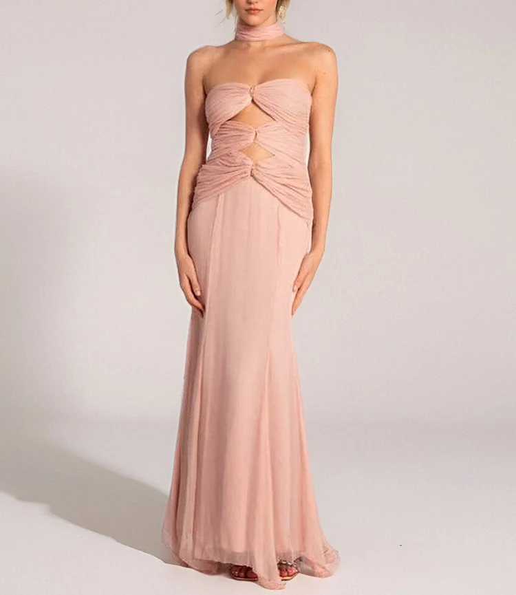Pink Bandage Strapless Tulle Maxi Dress for Formal Events