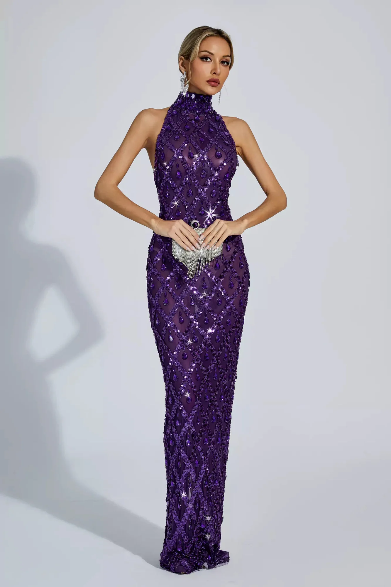 Purple Diamond Sleeveless Maxi Dress - Elegant Statement Gown