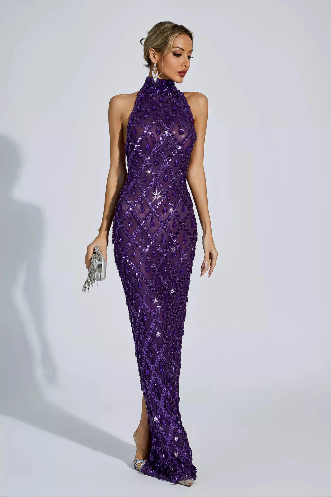 Purple Diamond Sleeveless Maxi Dress - Elegant Statement Gown