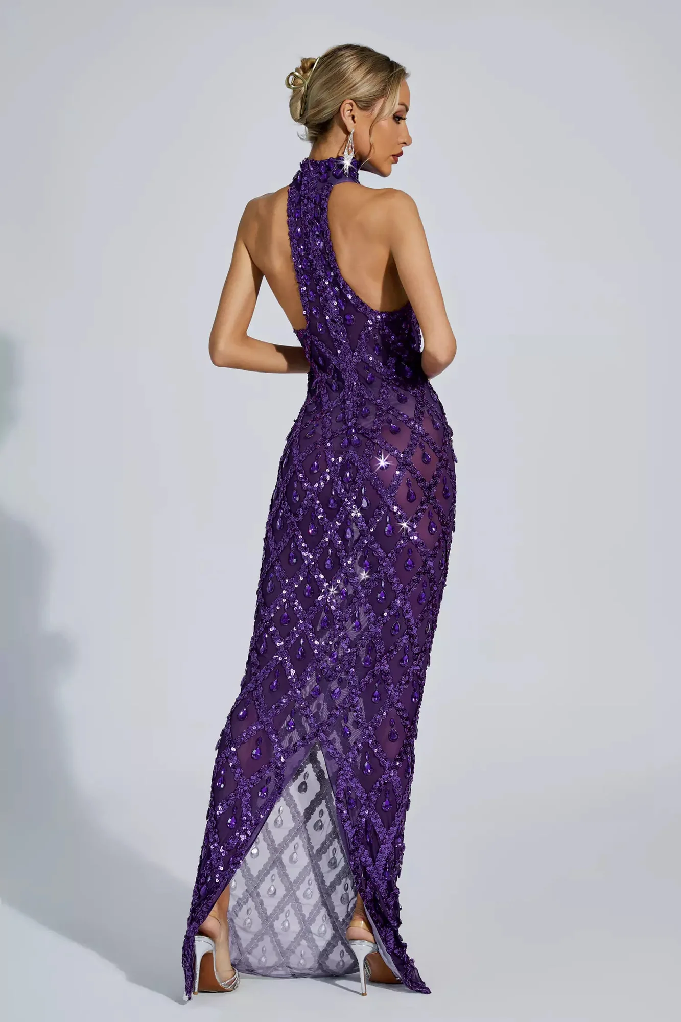 Purple Diamond Sleeveless Maxi Dress - Elegant Statement Gown