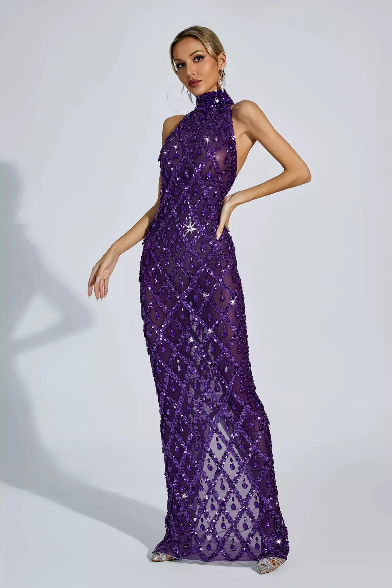 Purple Diamond Sleeveless Maxi Dress - Elegant Statement Gown