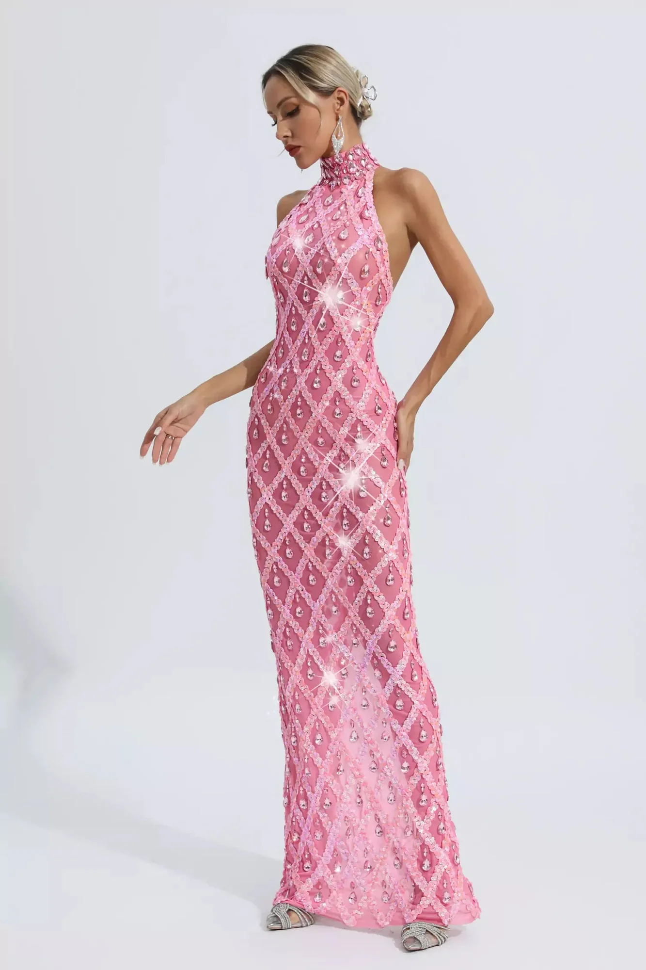 Pink Diamond Embellished Maxi Dress for Formal Occasions