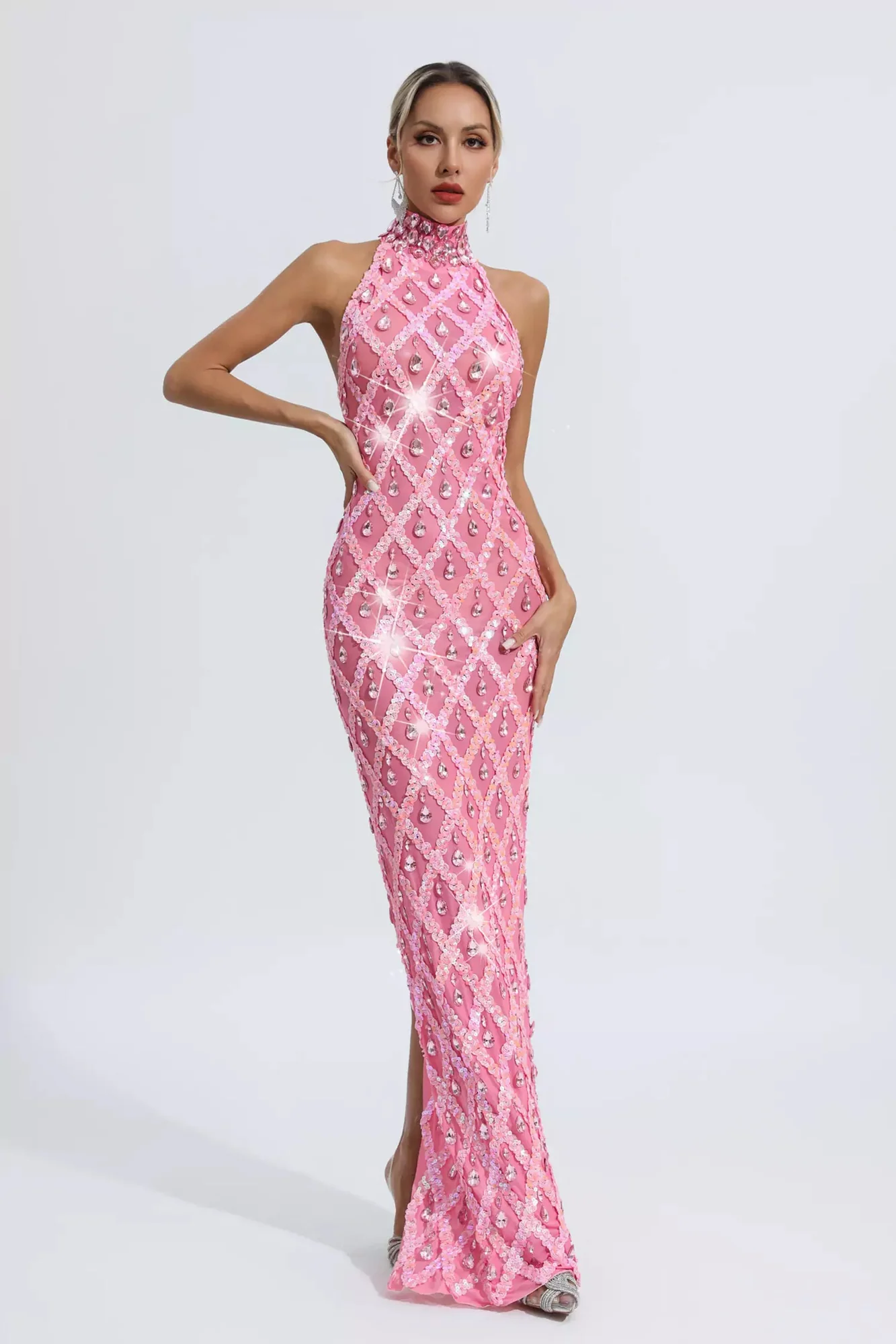 Pink Diamond Embellished Maxi Dress for Formal Occasions