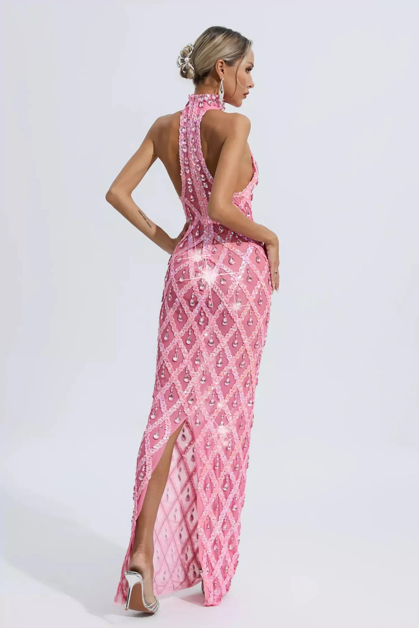 Pink Diamond Embellished Maxi Dress for Formal Occasions