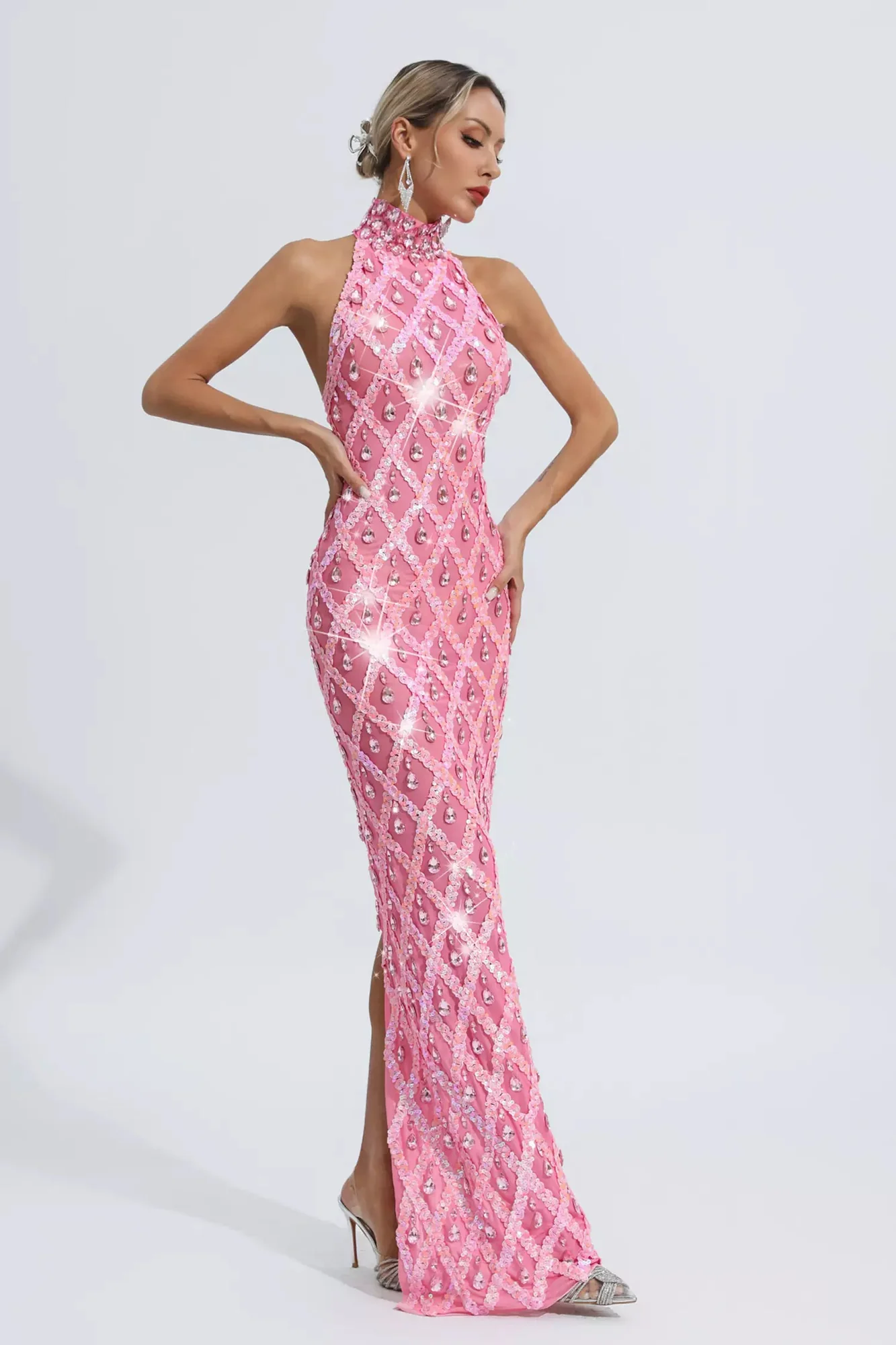 Pink Diamond Embellished Maxi Dress for Formal Occasions