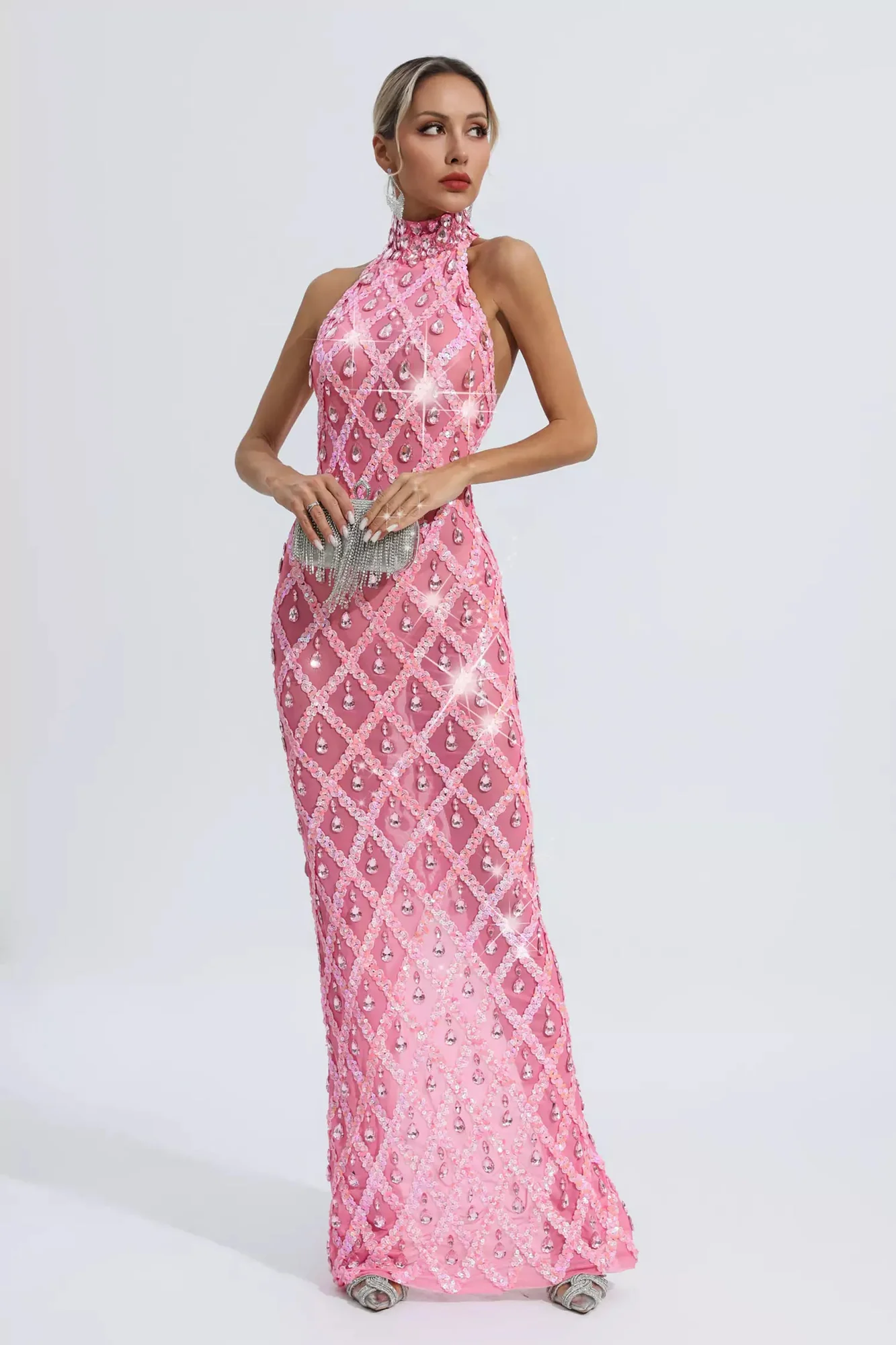 Pink Diamond Embellished Maxi Dress for Formal Occasions