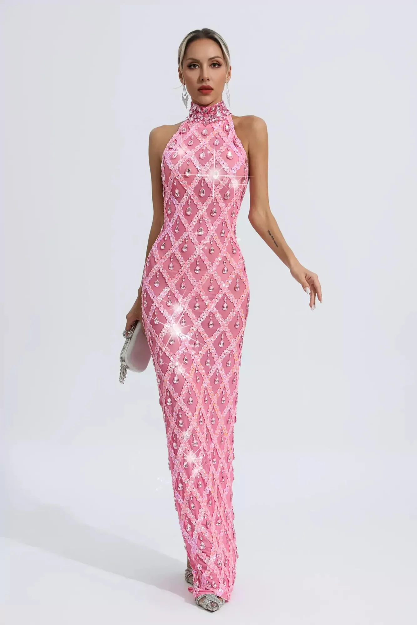 Pink Diamond Embellished Maxi Dress for Formal Occasions