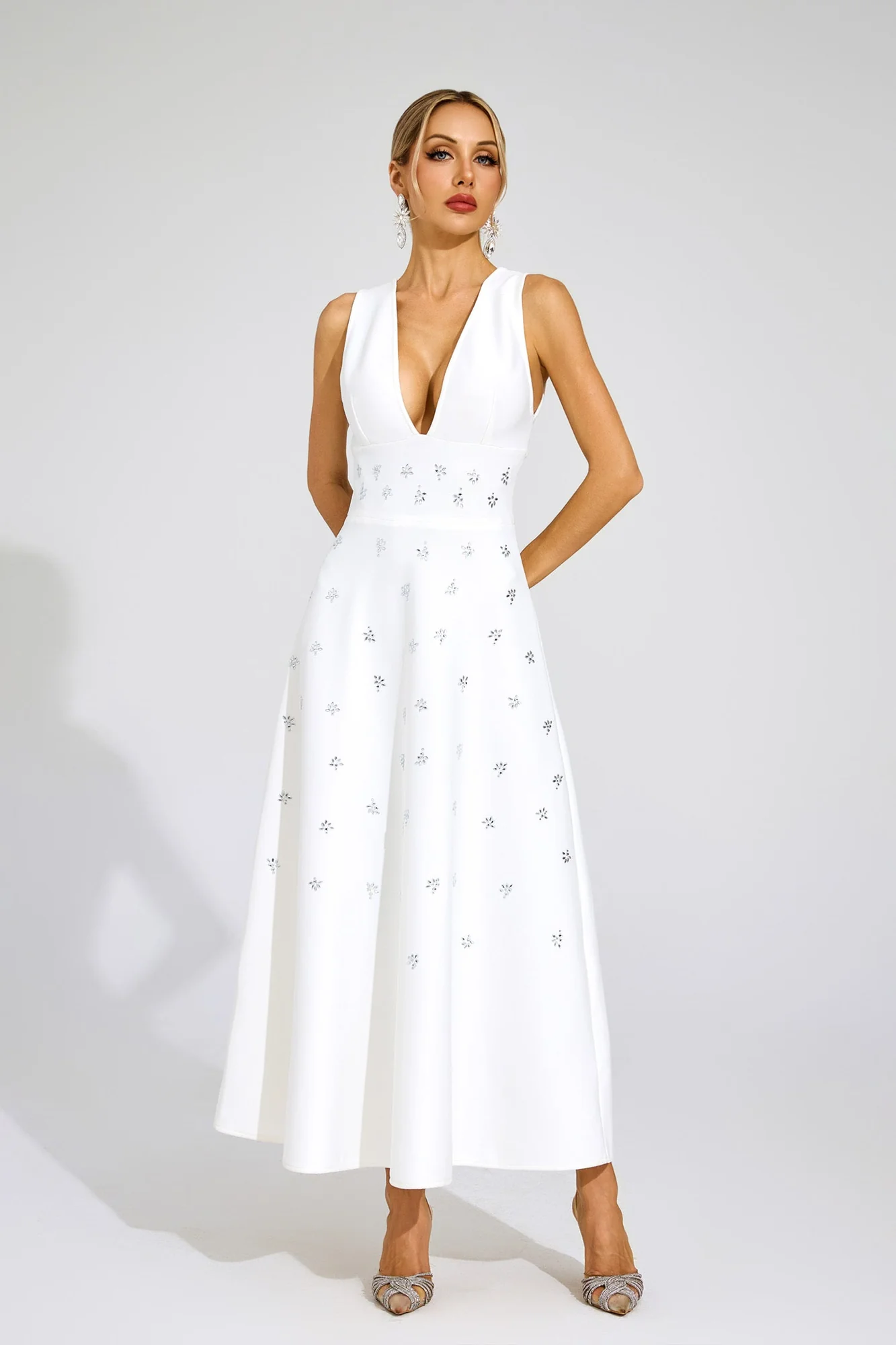 White Rhinestone Embellished A-Line Midi Dress - Elegant Sleeveless Design