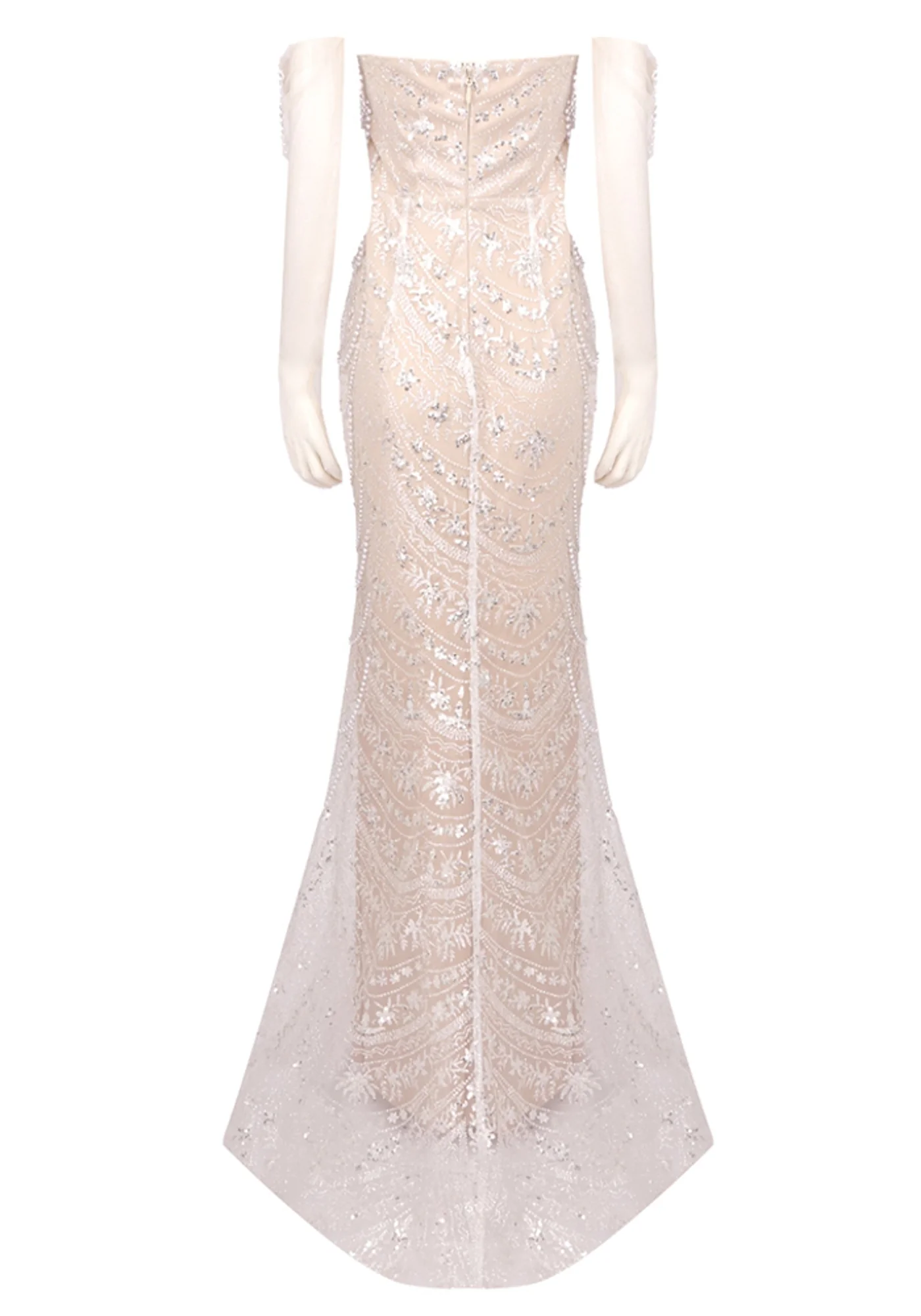 White Lace Maxi Dress with Pearl and Crystal Embellishments