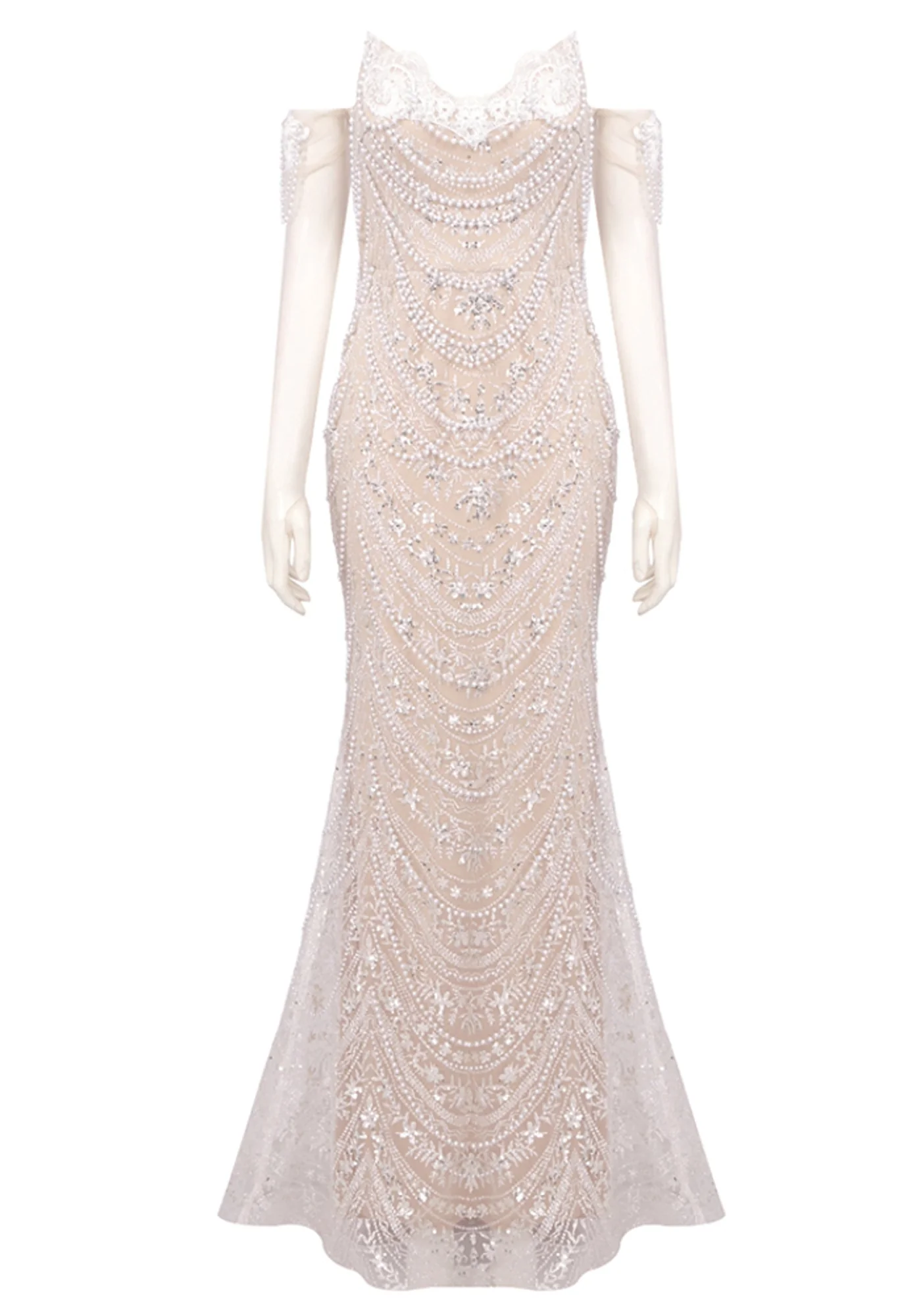 White Lace Maxi Dress with Pearl and Crystal Embellishments