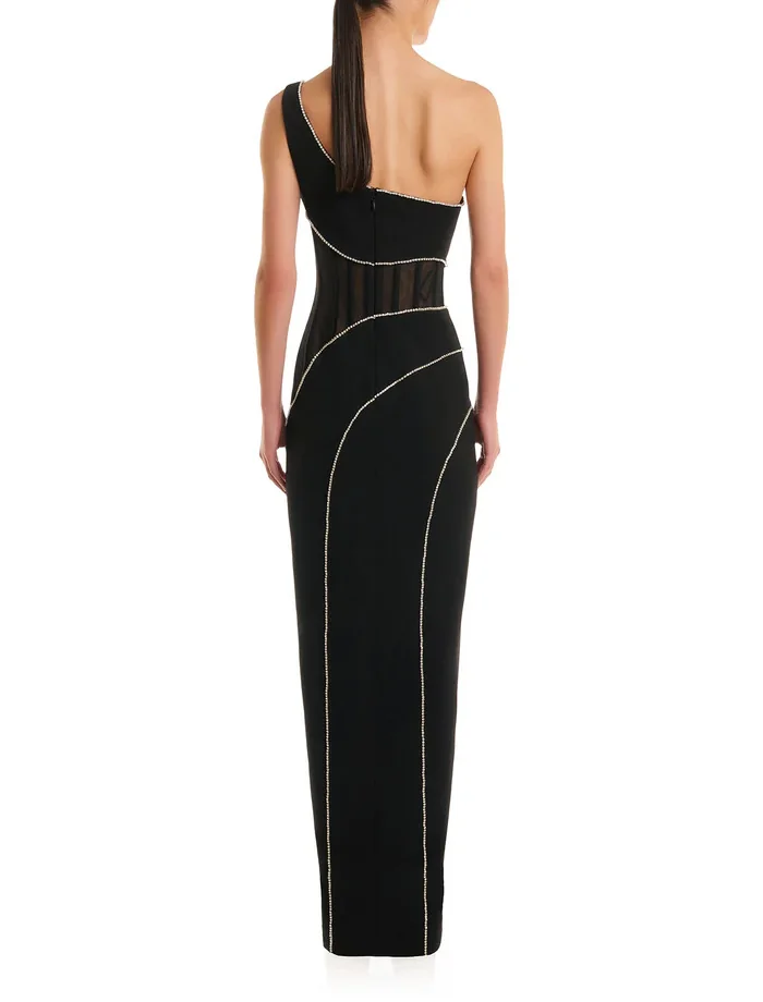 Black Crystal Stripe One-Shoulder Maxi Dress for Women